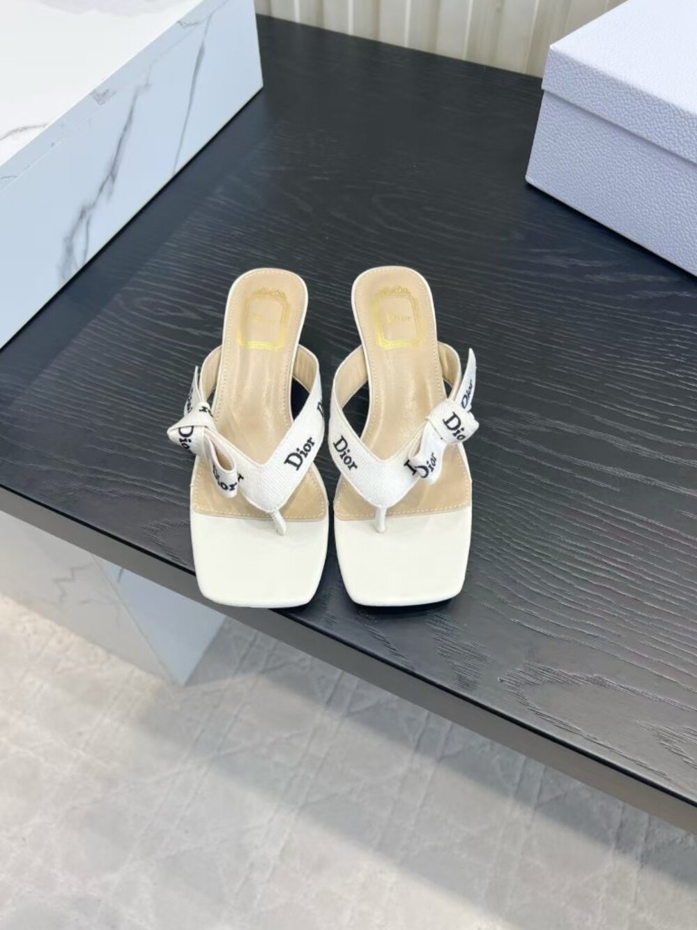 Authentic Dior White Logo Ribbon Bow Thong Heel Sandals